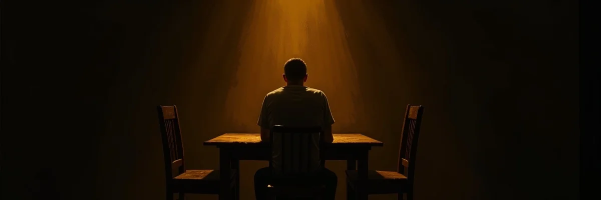一個男人獨坐在昏暗廚房桌前,對面空椅——他學會的沉默