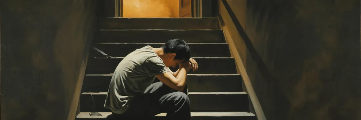 男人坐在暗色樓梯上,頭埋在手裡——他的沉默不是不在乎,是斷路器跳掉了